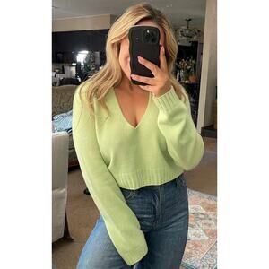 LESET Wool Cashmere V Neck Cropped Sweater Green Melange L